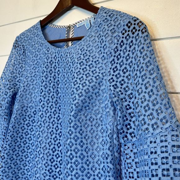 Draper James Size 4 Top Lattice Double Bell Sleeve Blue White Lace Sheer Easter - Picture 4 of 12